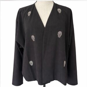 Whimsigoth Skull Embellished Jacket Edgy Boho Open Front Festival Cardigan Top